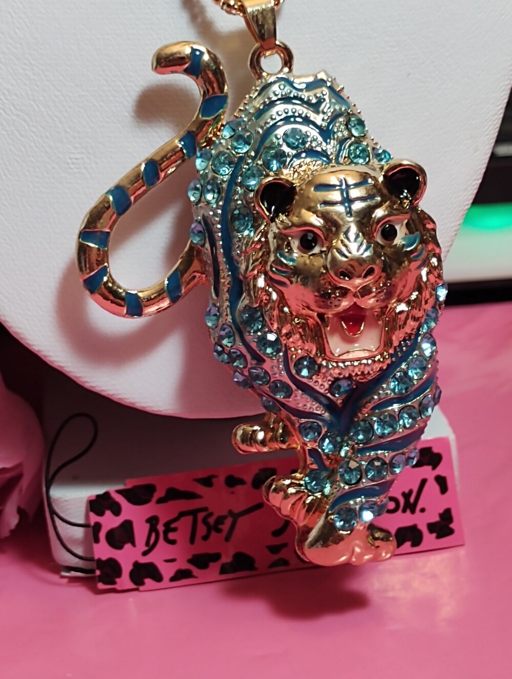 Betsey Johnson Fierce Blue Crystal Tiger Pendant Necklace